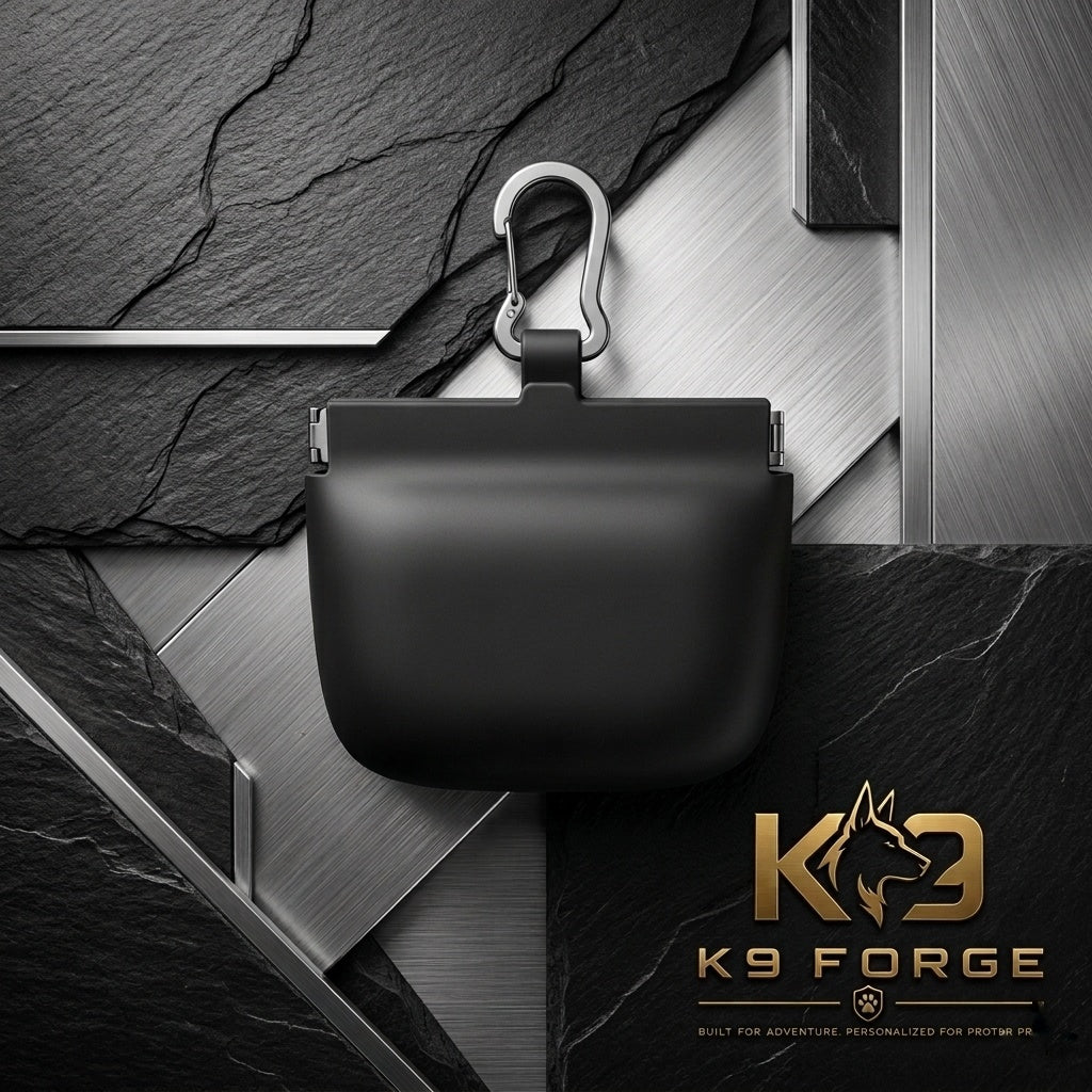 K9 Forge black silicone dog treat bag back view – self-closing top with reinforced carabiner clip for dog training