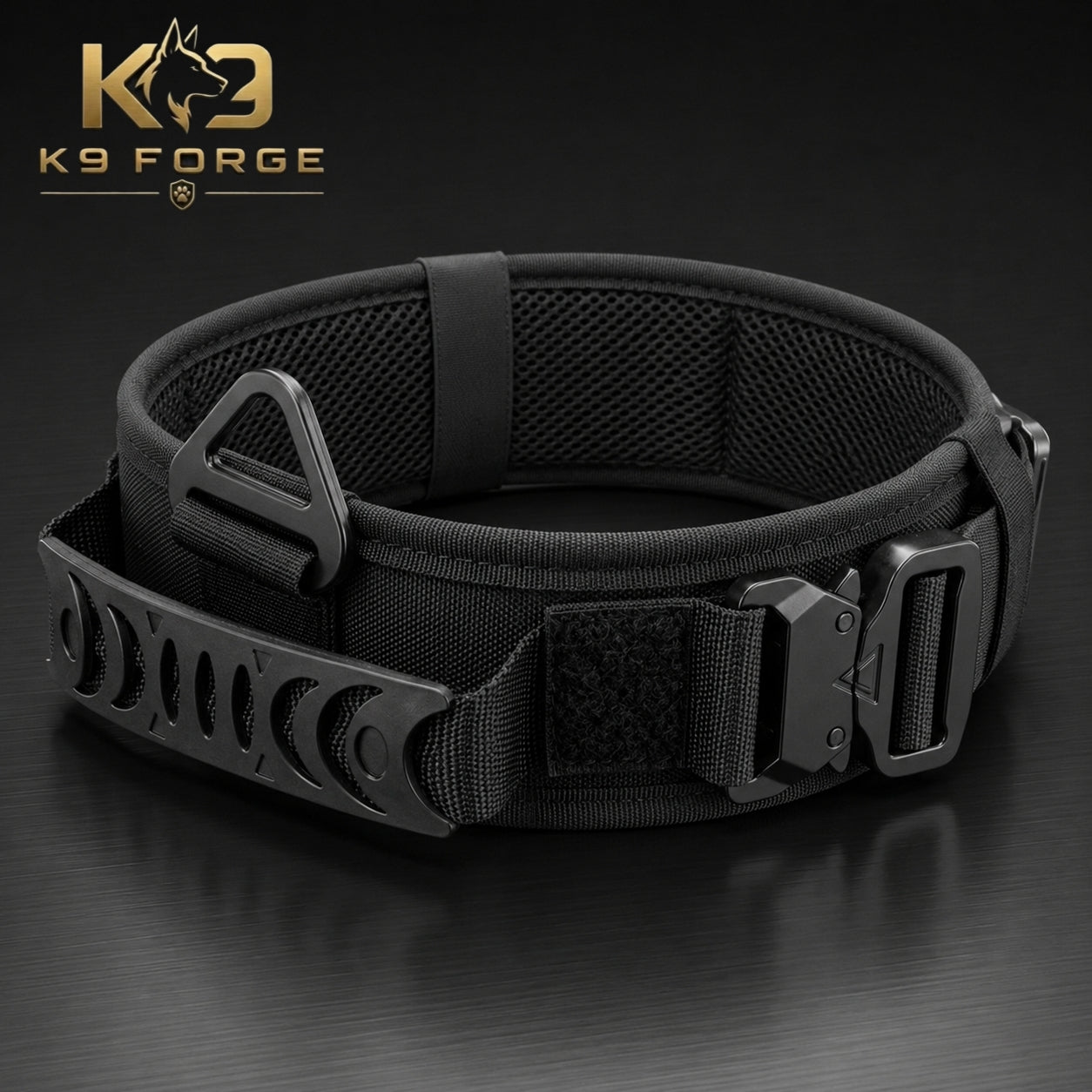 K9 Forge black tactical dog collar with MOLLE plate, padded mesh lining and COBRA buckle, indestructible collar for large dogs
