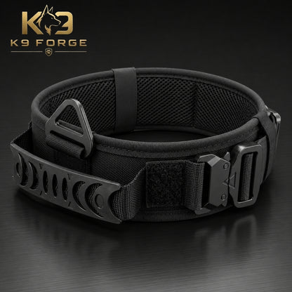 K9 Forge black tactical dog collar with MOLLE plate, padded mesh lining and COBRA buckle, indestructible collar for large dogs
