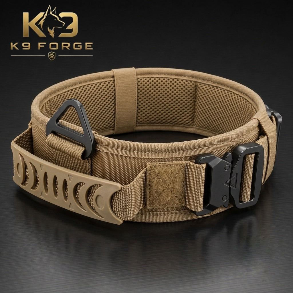 K9 Forge heavy duty tactical dog collar coyote tan, padded mesh interior with COBRA buckle for german shepherd malinois