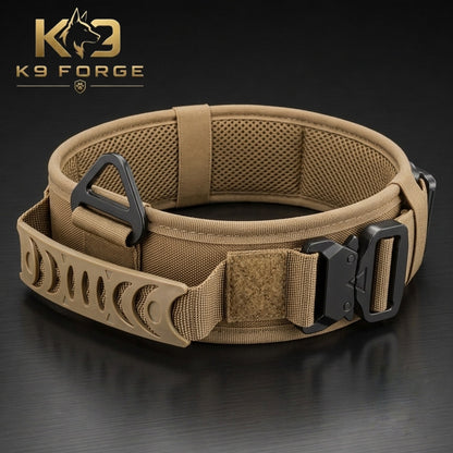 K9 Forge heavy duty tactical dog collar coyote tan, padded mesh interior with COBRA buckle for german shepherd malinois