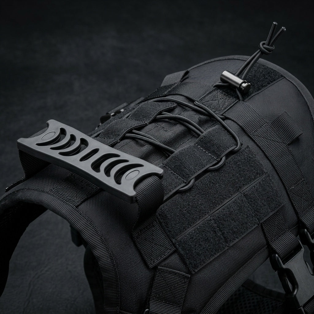 K9 Forge black tactical dog harness full view, MOLLE vest with top handle rail and quick-release buckles for large working dogs