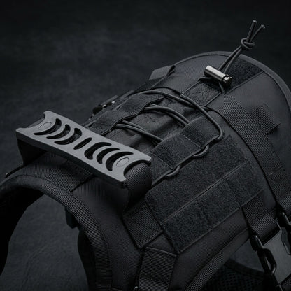 K9 Forge black tactical dog harness full view, MOLLE vest with top handle rail and quick-release buckles for large working dogs