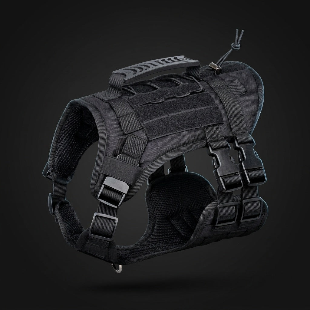K9 Forge tactical dog harness side angle view, MOLLE vest with adjustable straps and quick-release buckles for police
