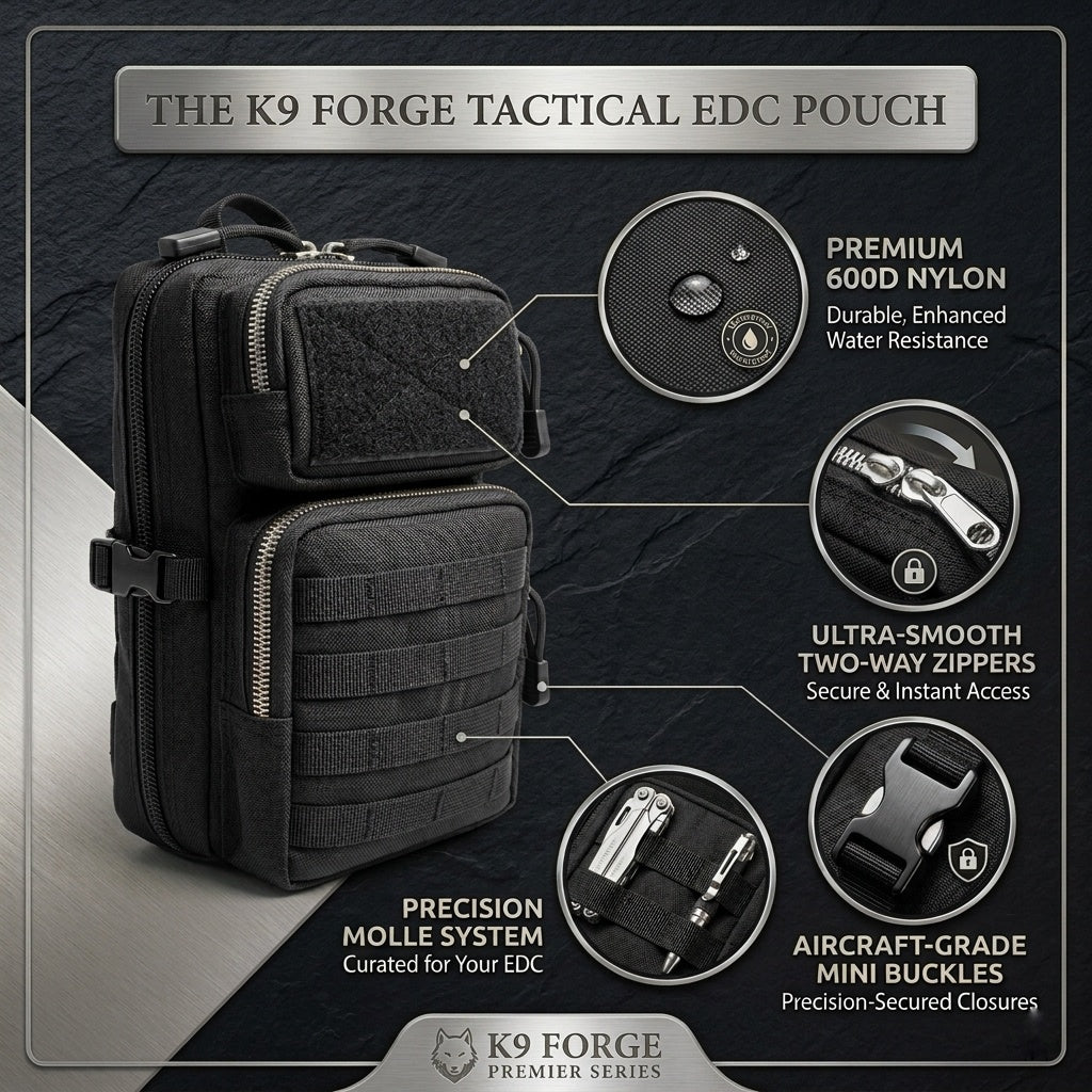 K9 Forge Tactical EDC Pouch with 600D nylon, two-way zippers, MOLLE system and aircraft-grade buckles