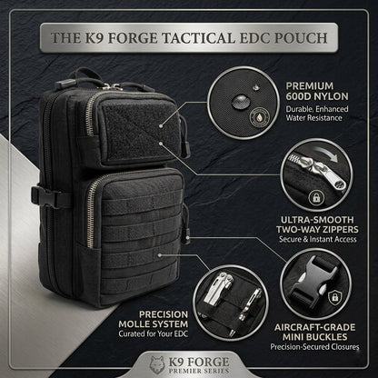 K9 Forge Tactical EDC Pouch with 600D nylon, two-way zippers, MOLLE system and aircraft-grade buckles