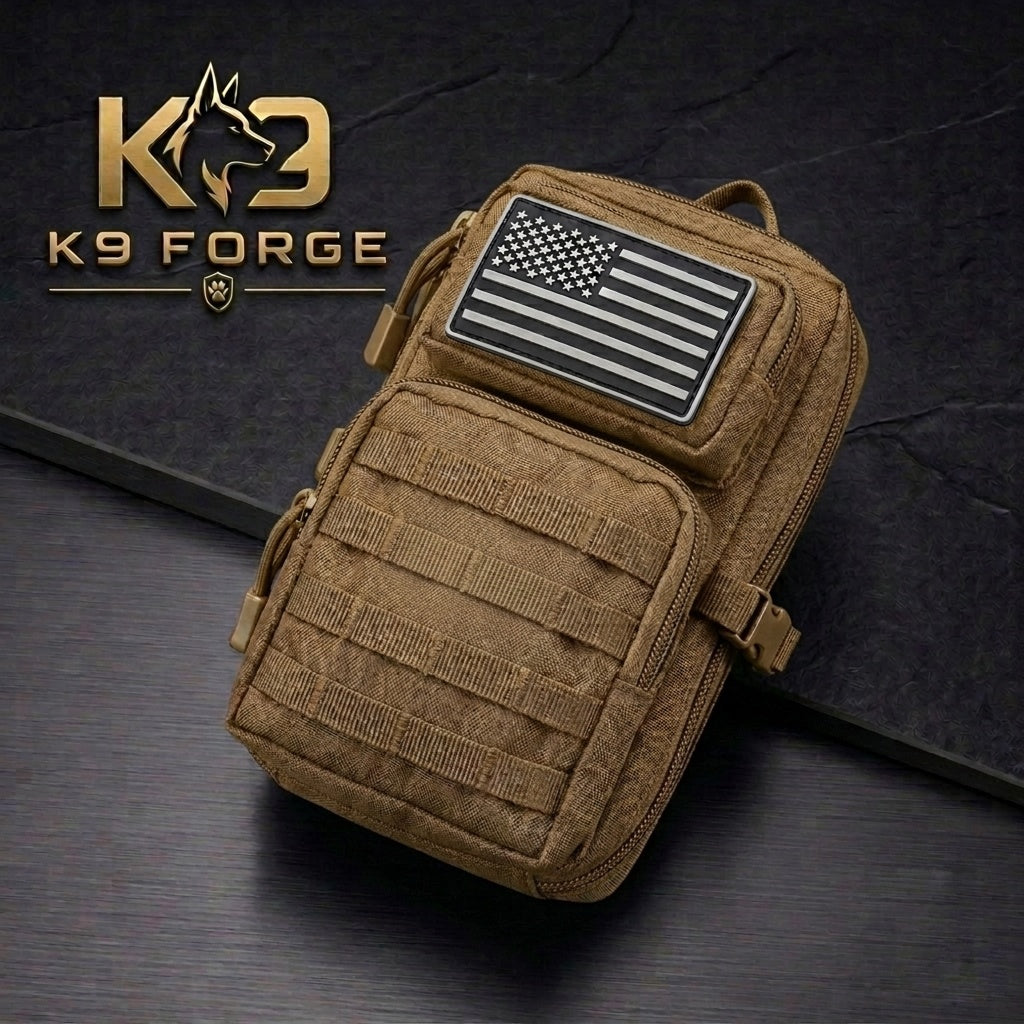 K9 Forge coyote tan tactical MOLLE EDC pouch with US flag patch – military-grade carry bag