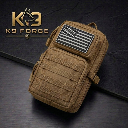 K9 Forge coyote tan tactical MOLLE EDC pouch with US flag patch – military-grade carry bag