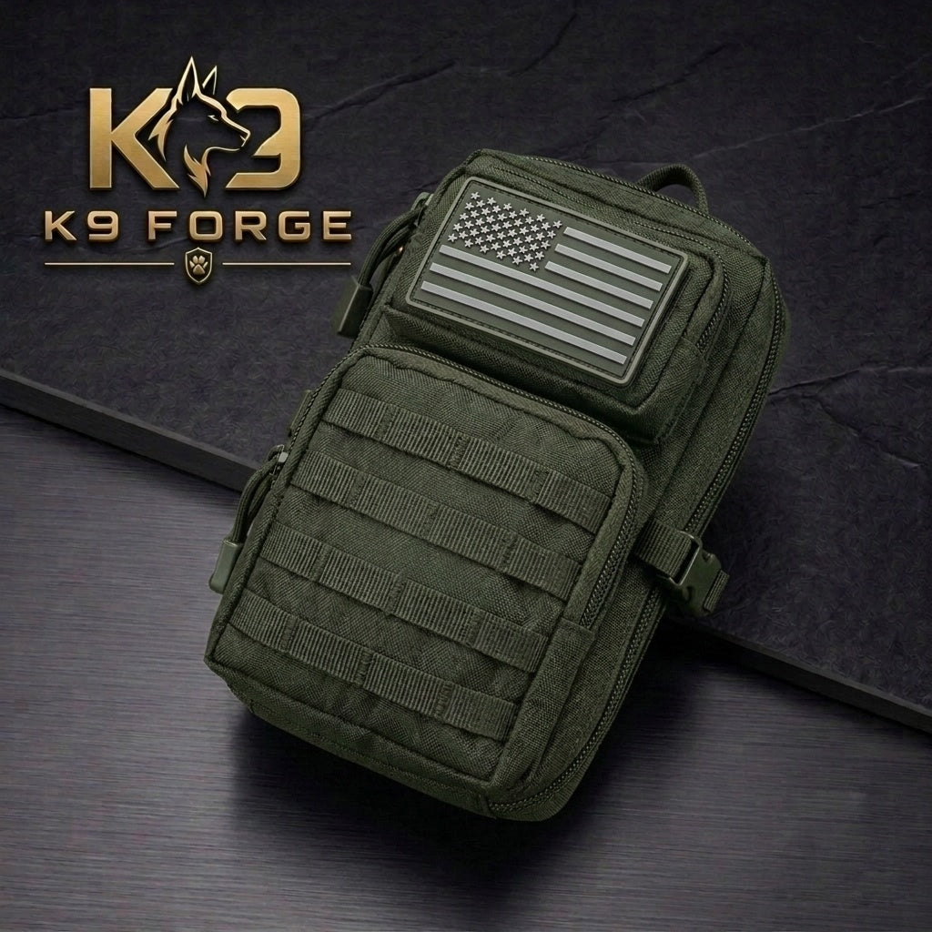 K9 Forge OD green tactical MOLLE EDC pouch with US flag patch – compact military carry bag