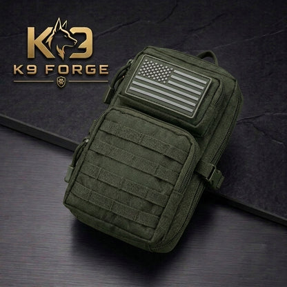K9 Forge OD green tactical MOLLE EDC pouch with US flag patch – compact military carry bag