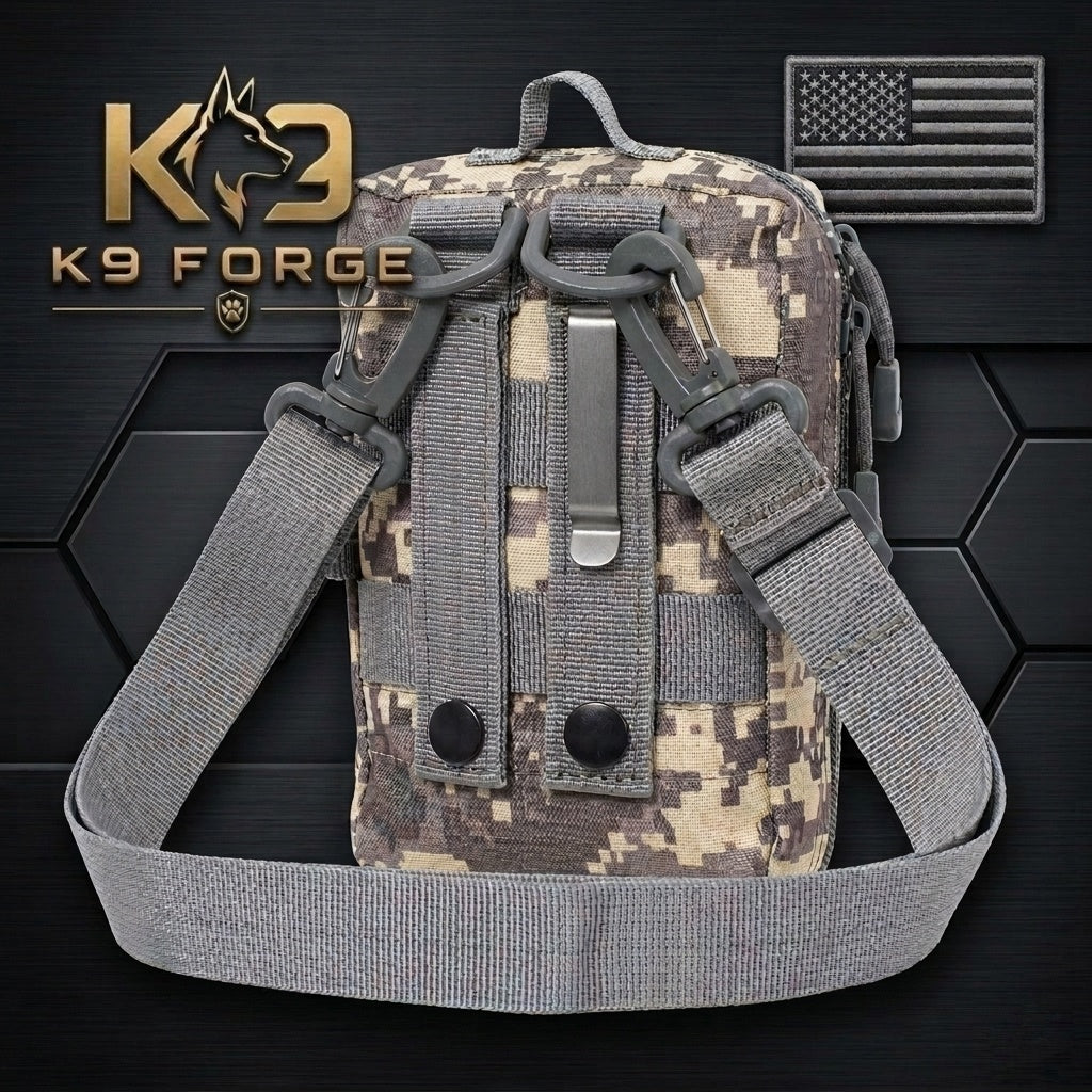 K9 Forge ACU camo tactical EDC sling bag with MOLLE webbing and adjustable shoulder strap