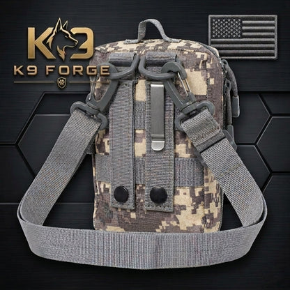 K9 Forge ACU camo tactical EDC sling bag with MOLLE webbing and adjustable shoulder strap