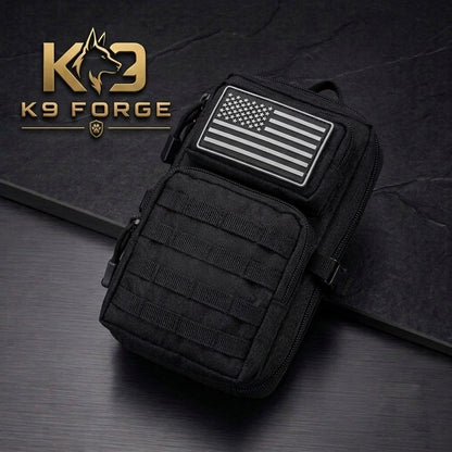 K9 Forge black tactical MOLLE EDC pouch with US flag patch – everyday carry bag for men