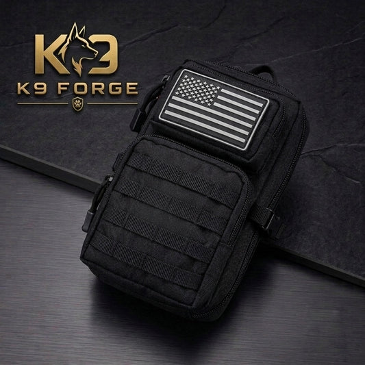 K9 Forge black tactical MOLLE EDC pouch with US flag patch – everyday carry bag for men