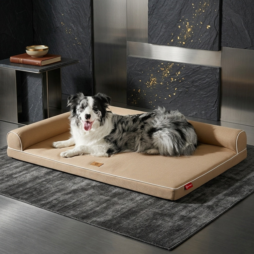 Large dog sofa bed beige – Border Collie on orthopedic bolster dog bed indoors