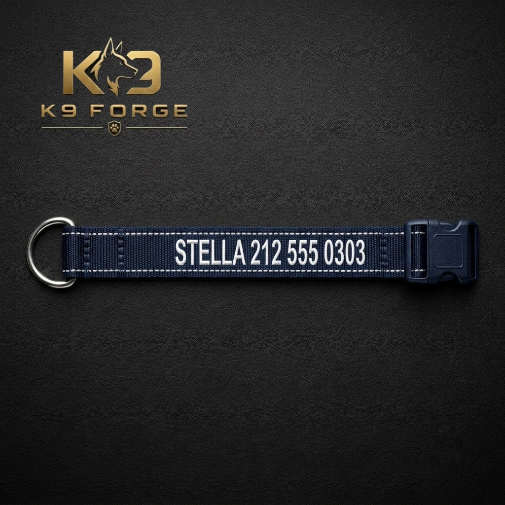 Navy blue custom embroidered dog collar with dog name and owner phone number, reflective stitching and quick-release buckle