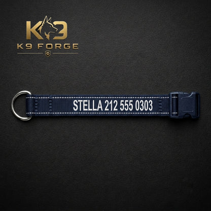Navy blue custom embroidered dog collar with dog name and owner phone number, reflective stitching and quick-release buckle