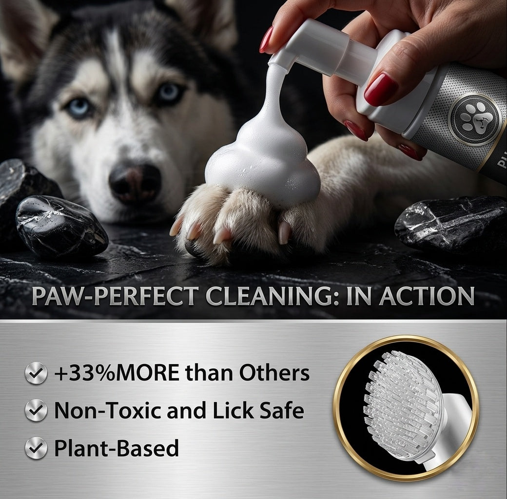 No-rinse dog paw cleaner foam applied on Husky paw – plant-based lick safe non-toxic formula
