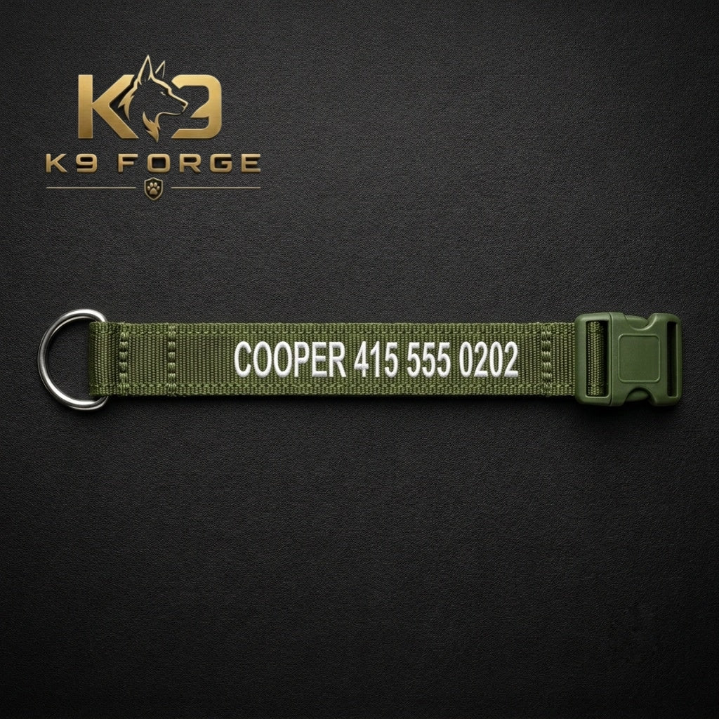 Olive green personalized tactical dog collar with embroidered dog name and phone number, quick-release buckle and stainless steel D-ring