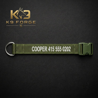 Olive green personalized tactical dog collar with embroidered dog name and phone number, quick-release buckle and stainless steel D-ring