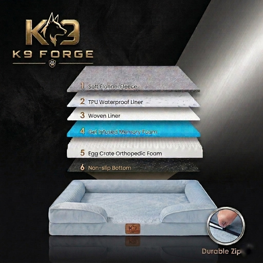 Orthopedic dog bed 6-layer construction – flannel fleece, TPU waterproof liner, gel memory foam, egg crate foam and non-slip bottom