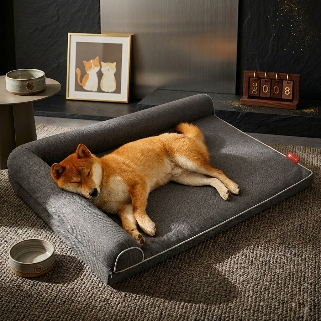 Orthopedic dog sofa bed grey – large bolster dog bed with washable cover, Shiba Inu sleeping