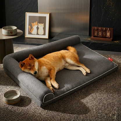 Orthopedic dog sofa bed grey – large bolster dog bed with washable cover, Shiba Inu sleeping