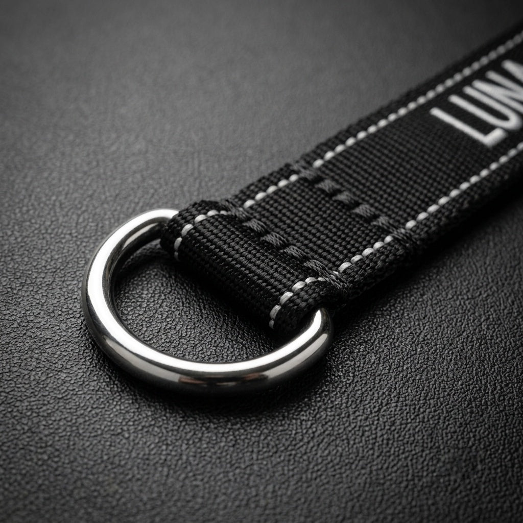 Close-up of stainless steel D-ring on custom embroidered black nylon dog collar with dog name stitched in white