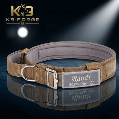 Coyote tan wide padded tactical dog collar with personalized name patch and phone number, cobra buckle and D-ring — custom large breed dog collar