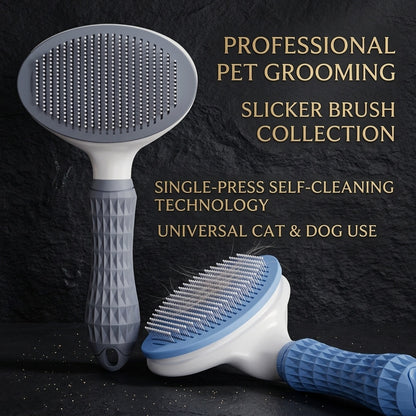 Self-cleaning slicker brush collection for dogs and cats – grey and blue single press universal grooming brush