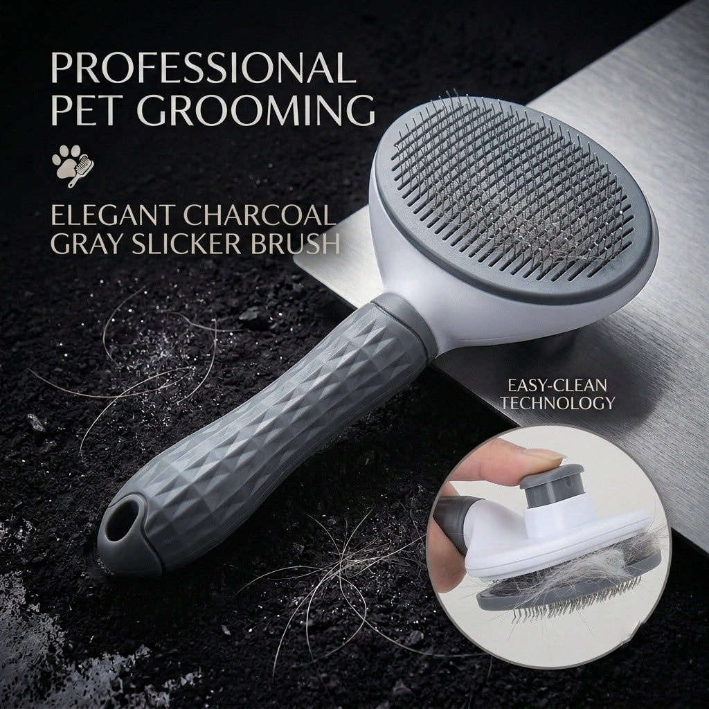 Self-cleaning oval slicker brush for dogs and cats charcoal grey – single press easy clean button