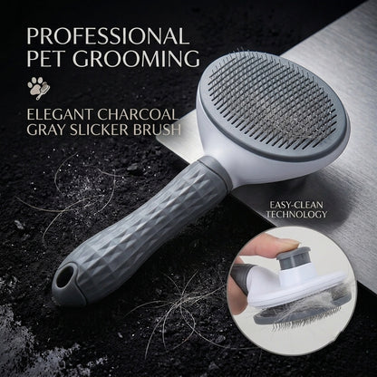 Self-cleaning oval slicker brush for dogs and cats charcoal grey – single press easy clean button