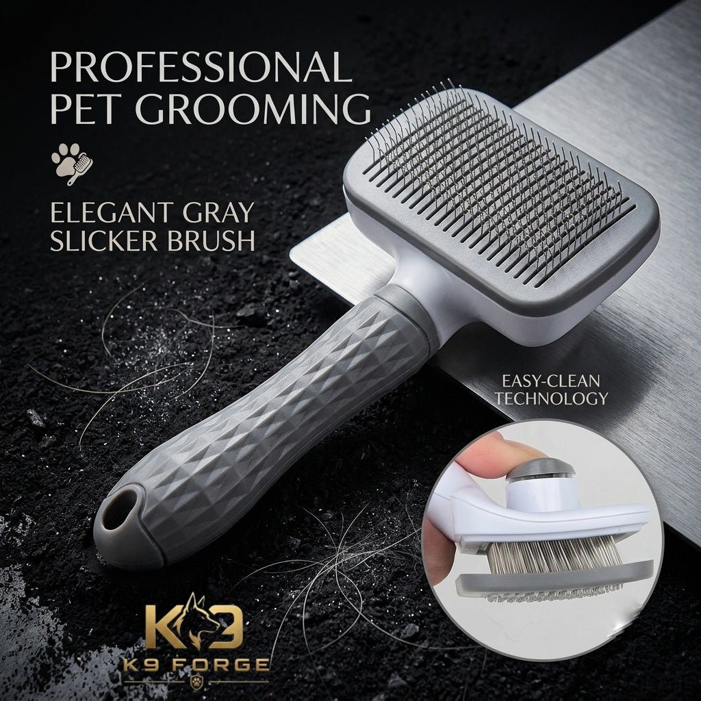 Self-cleaning slicker brush for dogs and cats grey – single press easy clean button rectangular head