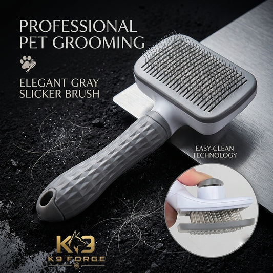 Self-cleaning slicker brush for dogs and cats grey – single press easy clean button rectangular head