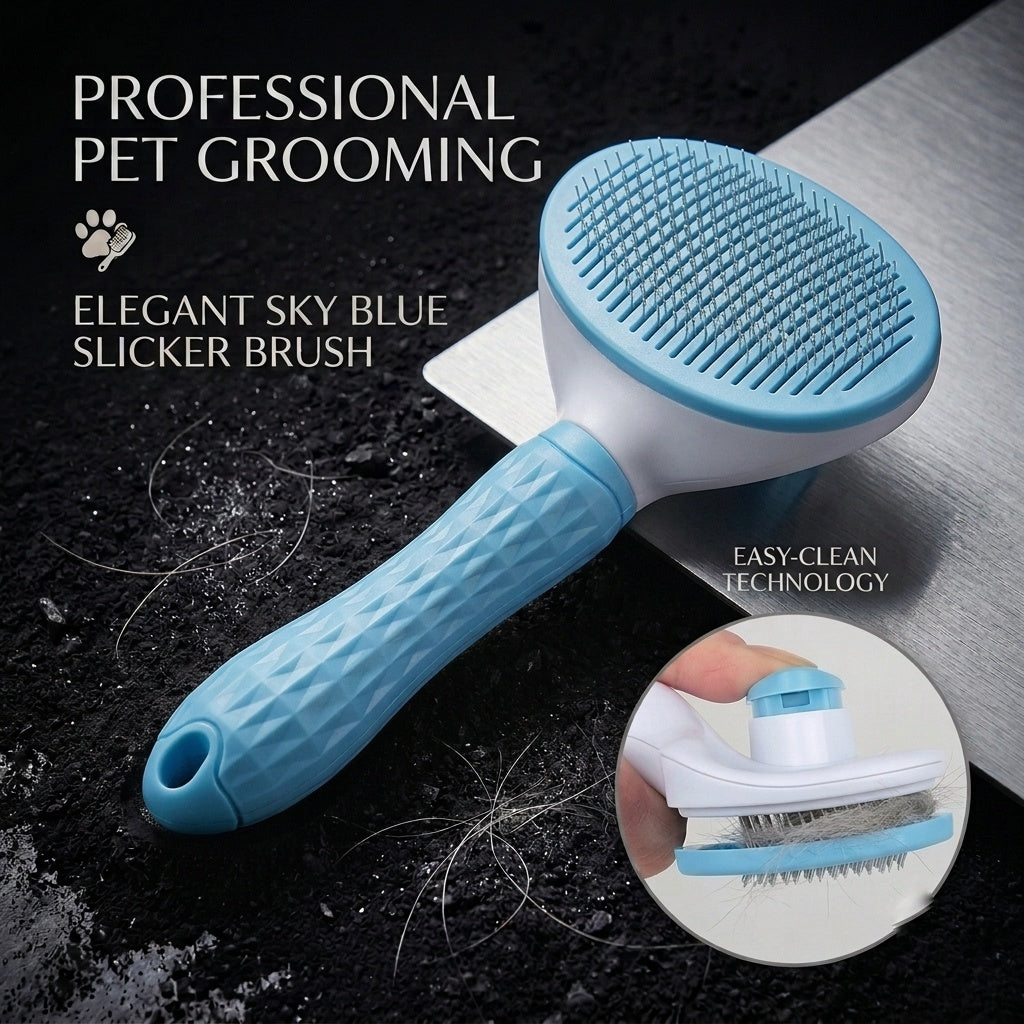 Self-cleaning oval slicker brush for dogs and cats sky blue – single press easy clean button