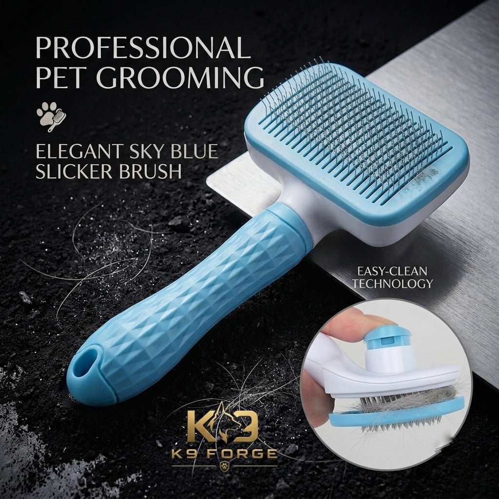Self-cleaning slicker brush for dogs and cats sky blue – single press easy clean button rectangular head