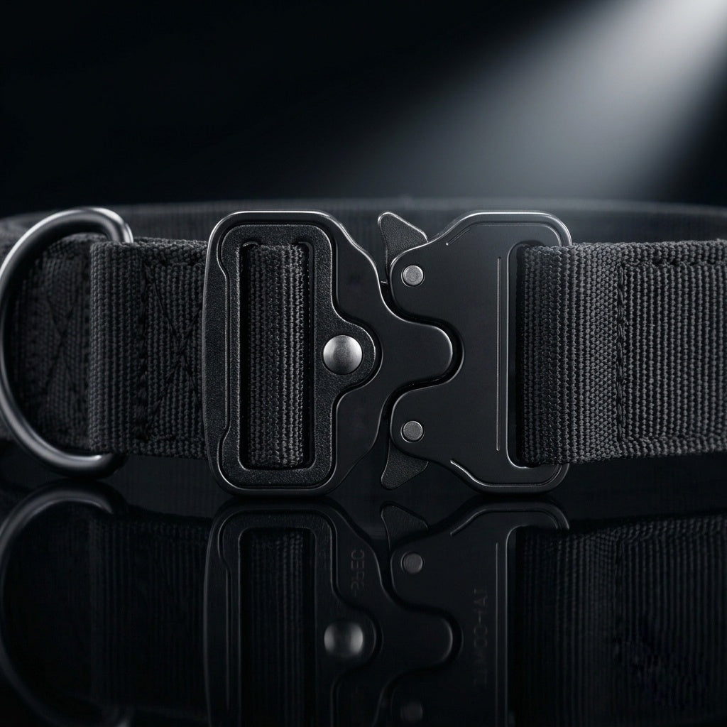 Tactical dog collar cobra buckle close-up – metal quick release heavy duty buckle for large dogs