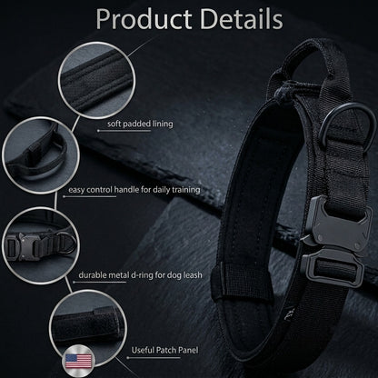 Tactical dog collar features – soft padded lining, control handle, metal D-ring and velcro patch panel for large dogs