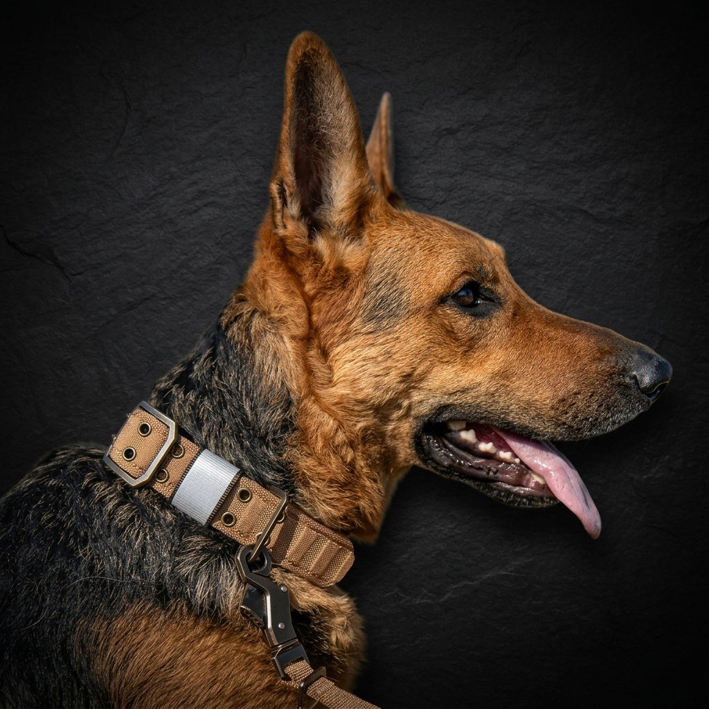 German Shepherd wearing tactical dog collar coyote tan – wide padded heavy duty collar for large breeds