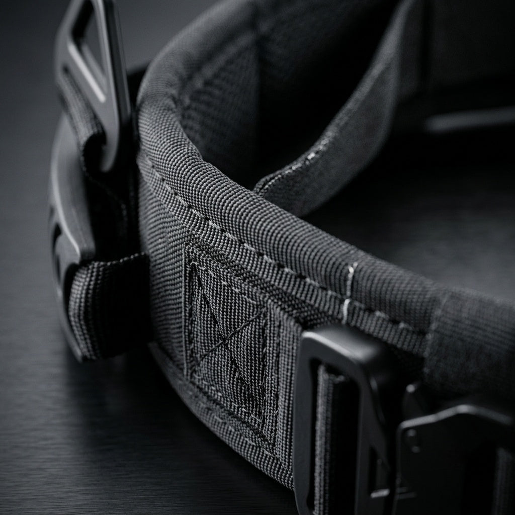 K9 Forge tactical dog collar MOLLE handle grip close-up, heavy duty double-stitched nylon for large working dogs