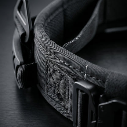 K9 Forge tactical dog collar MOLLE handle grip close-up, heavy duty double-stitched nylon for large working dogs