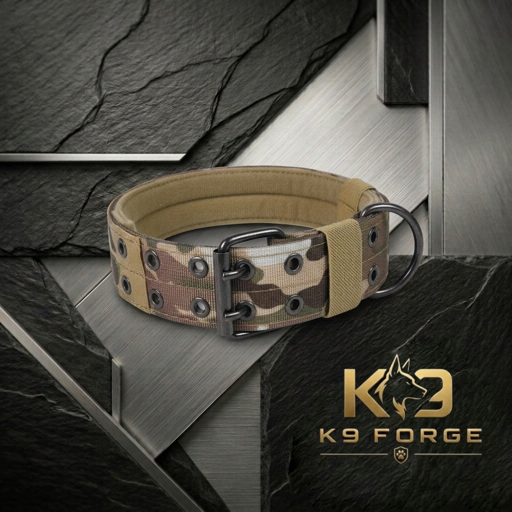 Tactical dog collar multicam camo wide padded – heavy duty metal buckle for large breed dogs