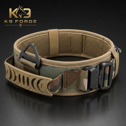 K9 Forge tactical dog collar multicam pattern with COBRA quick-release buckle, military dog collar for K9 training
