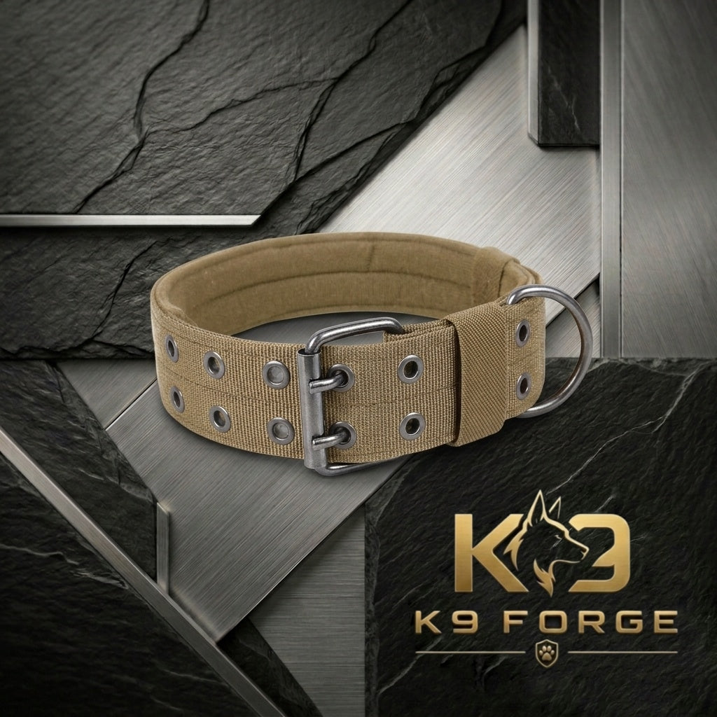 Tactical dog collar nylon webbing close-up – brass eyelets heavy duty wide collar for large dogs