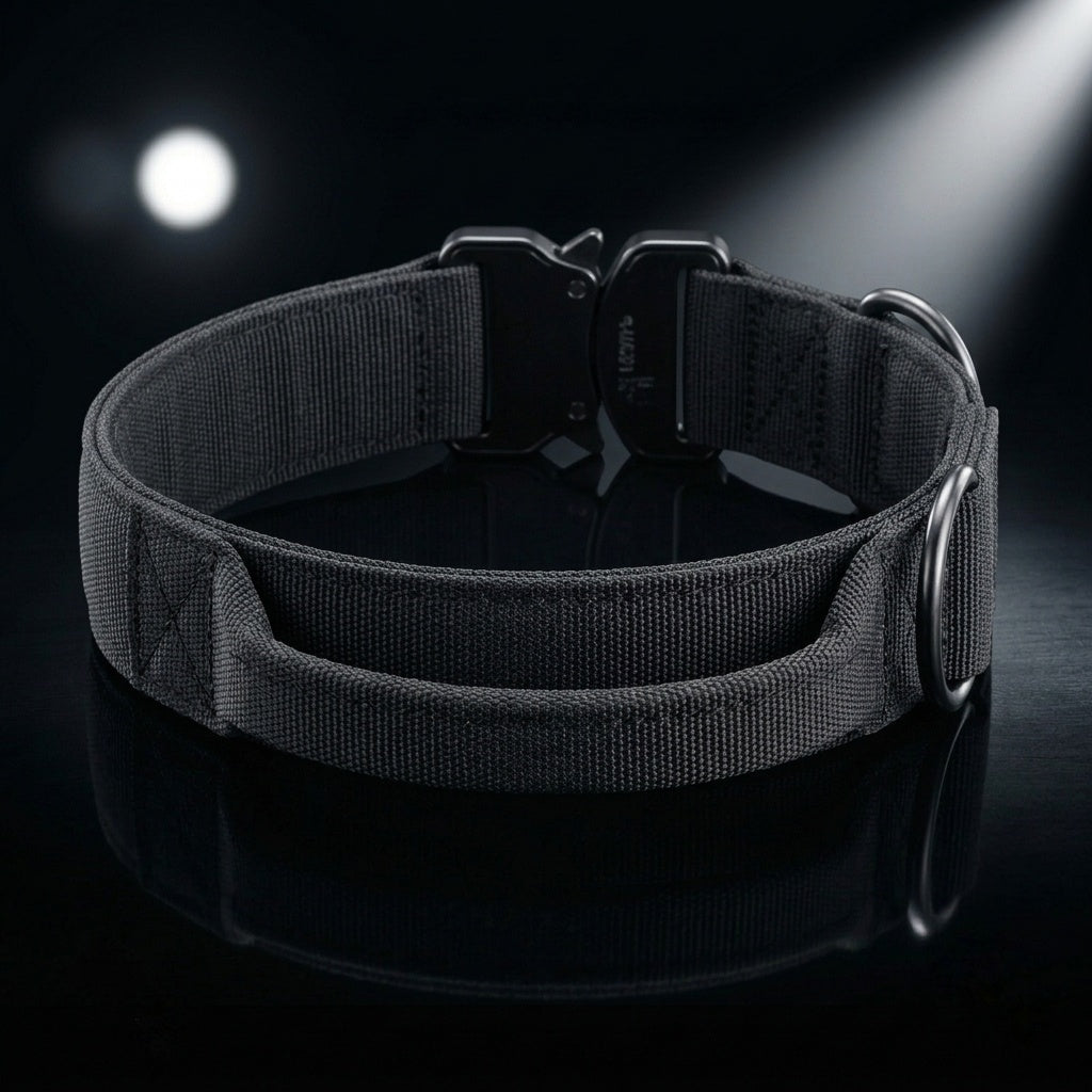 Wide tactical dog collar padded lining and control handle close-up – soft interior for large breed dogs