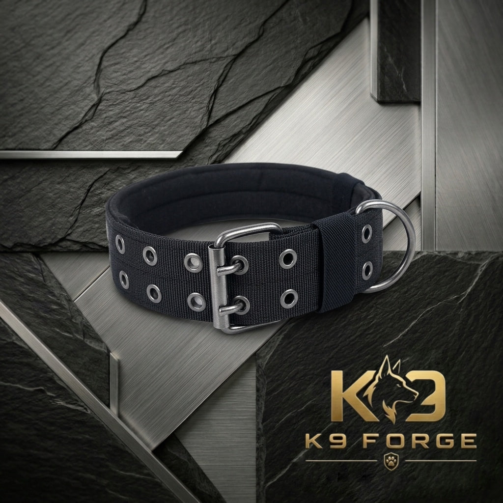 Tactical dog collar wide padded black – heavy duty double prong metal buckle large breed dogs