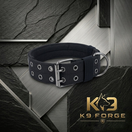 Tactical dog collar wide padded black – heavy duty double prong metal buckle large breed dogs