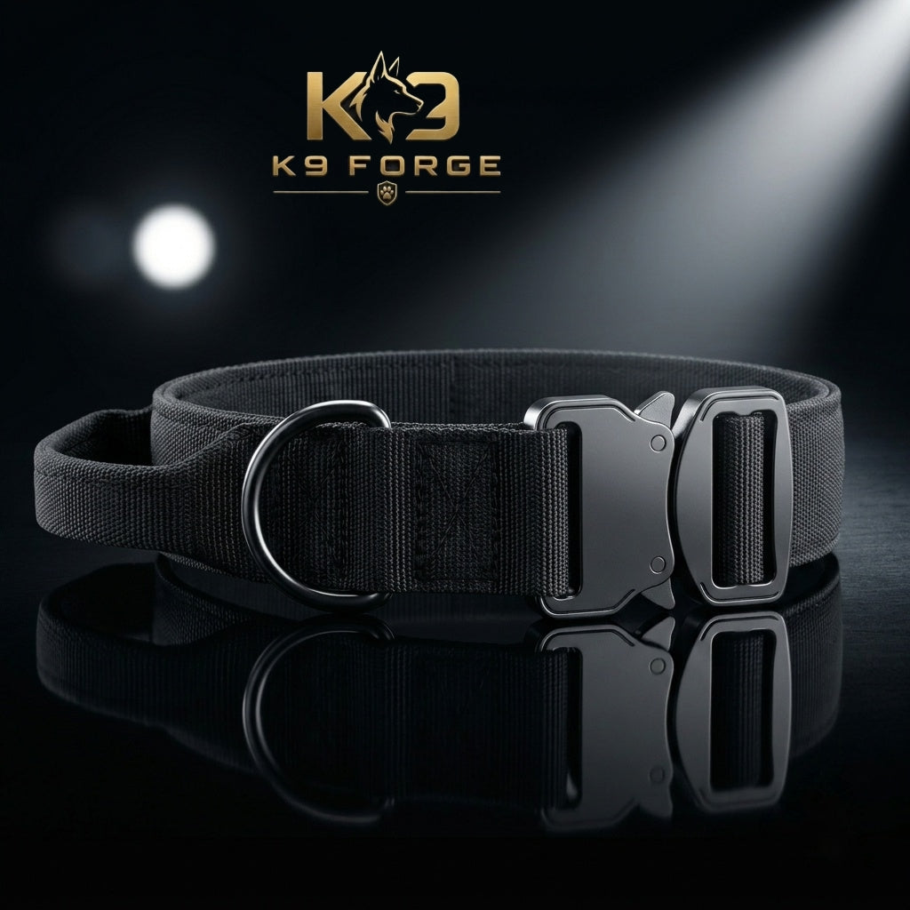 Tactical dog collar with handle black – cobra buckle padded lining metal D-ring for large dogs