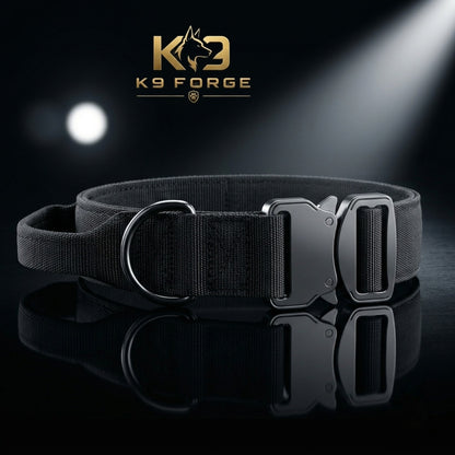 Tactical dog collar with handle black – cobra buckle padded lining metal D-ring for large dogs