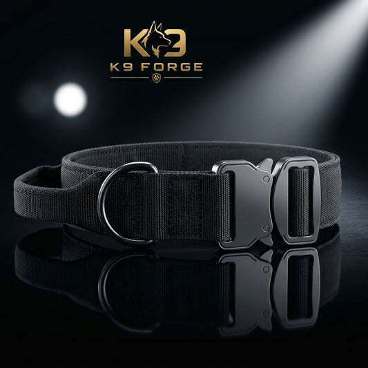Tactical dog collar with handle black – cobra buckle padded lining metal D-ring for large dogs